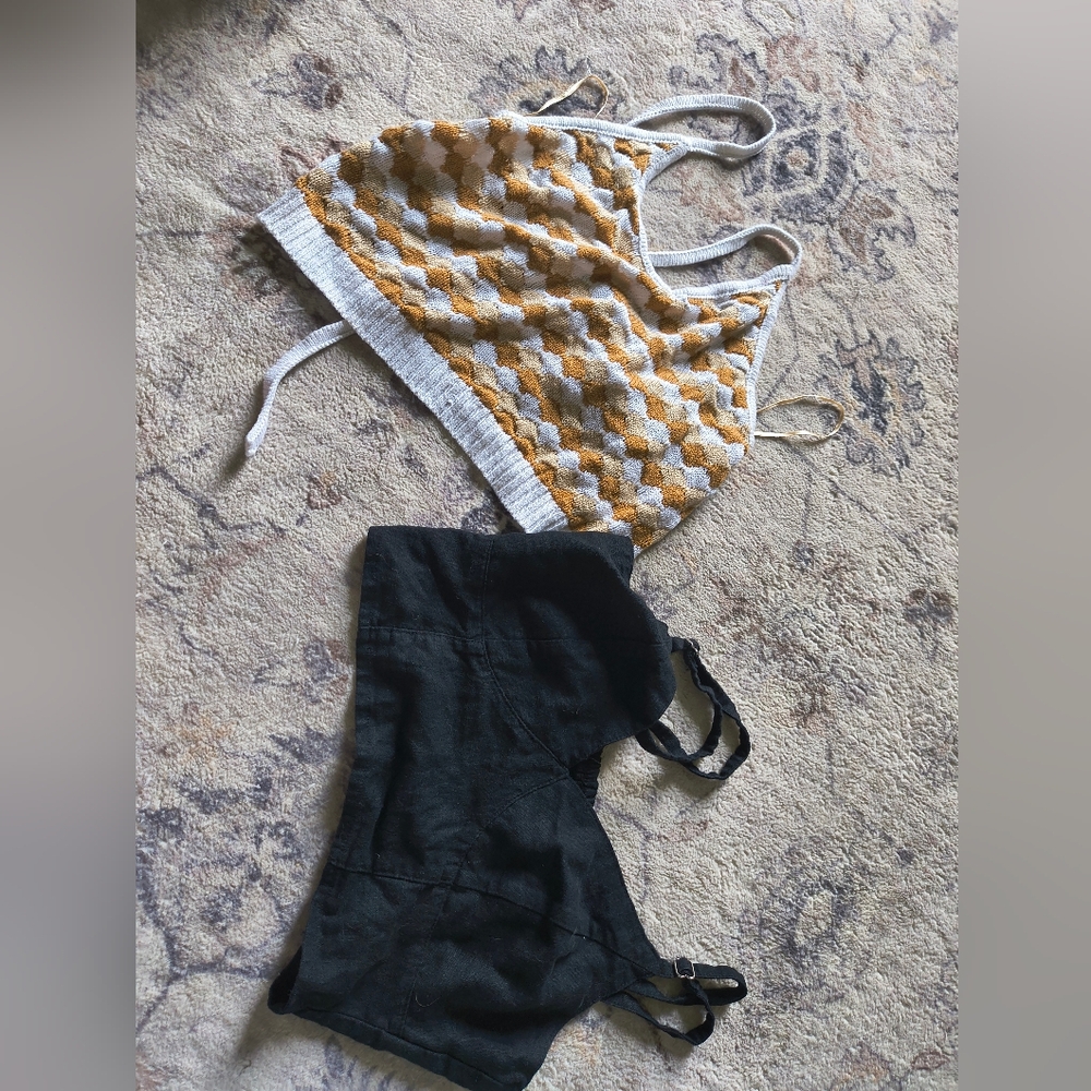Checkered Knit Crop Top and Black Bralette